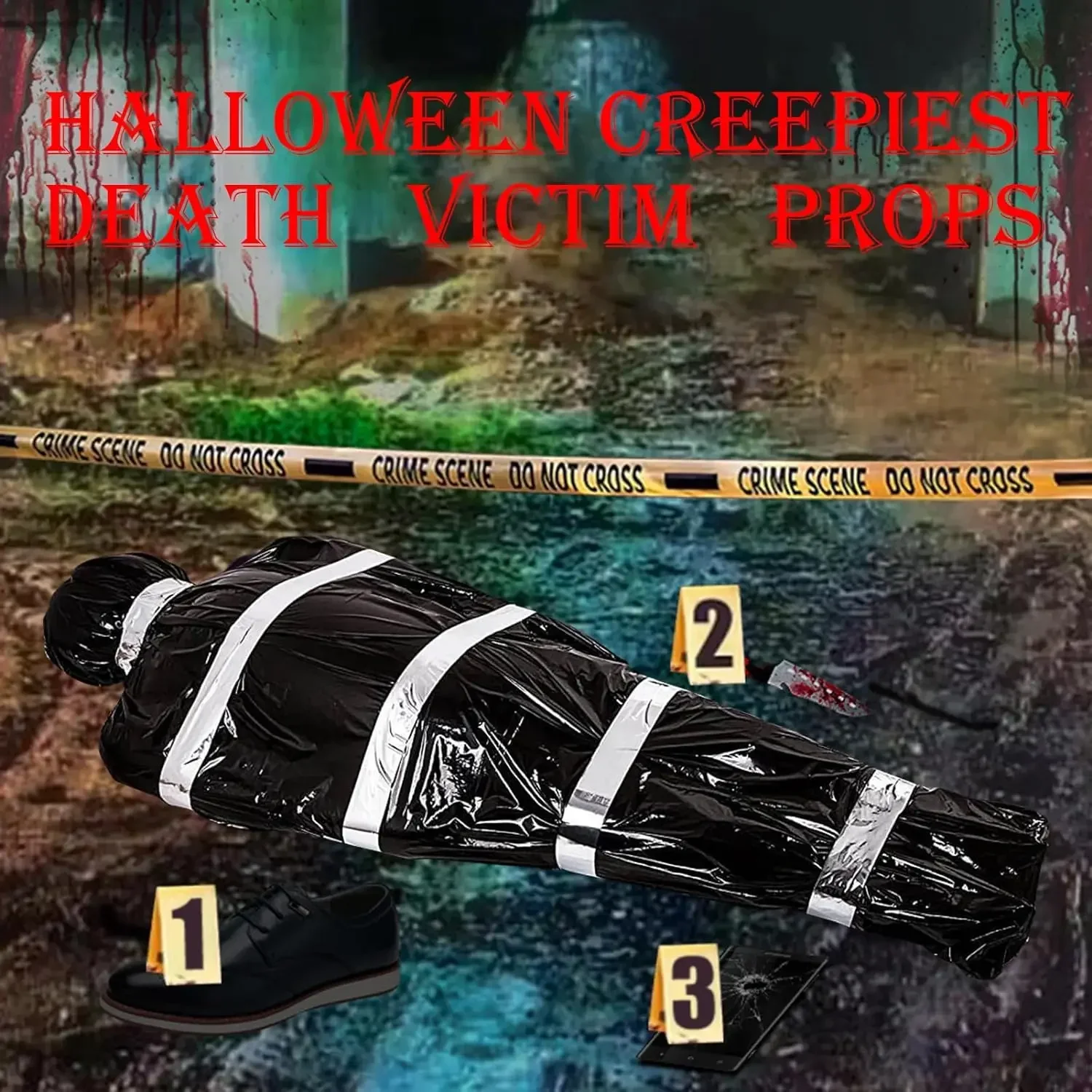 

F2 Halloween Decorations Dead Victim Props Scary Inflatable Fake Corpse in Bag Creepy Outdoor Dead Body Prop for Halloween Party