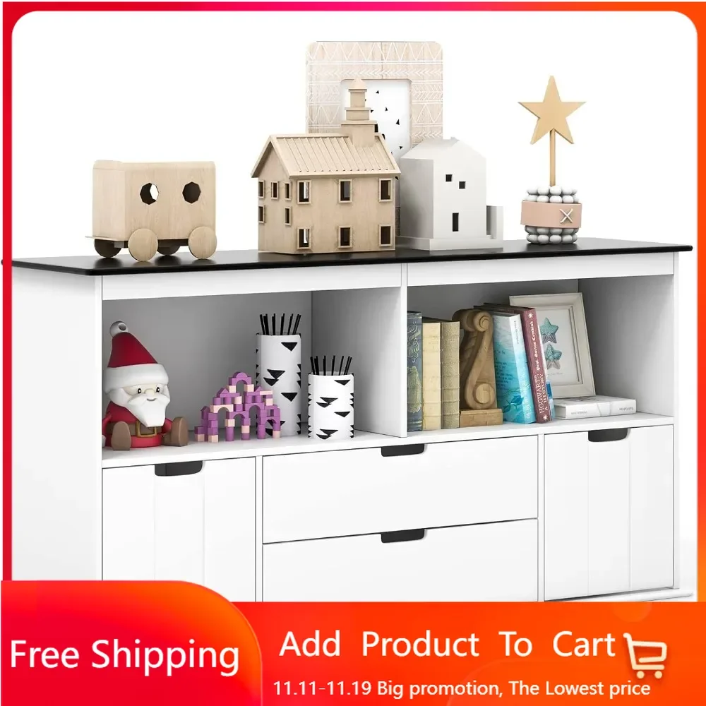 

Kids Toy Storage Organizer with Bins, Children Daycare Shelf w/Blackboard Top, Wooden Toy Box w/Wheels & Drawers