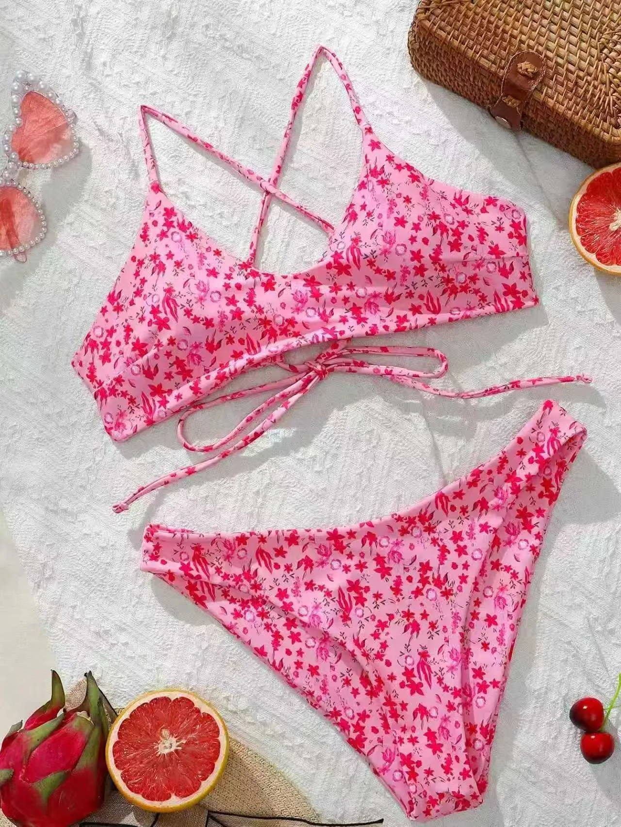 Women's Solid Color Crisscross Back Bikini High Cut Triangle Top Two Piece Swimsuit Adjustable Straps Swimwear