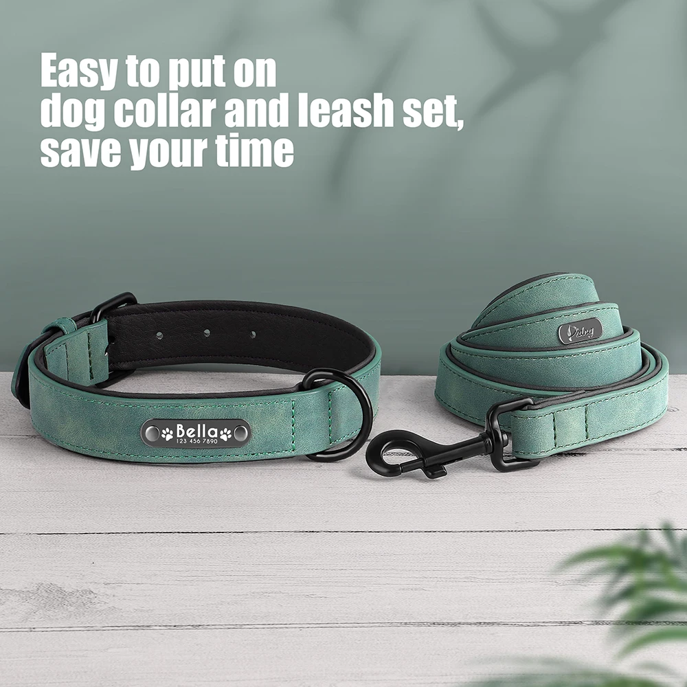 Personalisiertes PU-Leder-Hundehalsband-Leinen-Set, weich gepolsterte Hundehalsbänder, gravierte Haustier-ID-Halskette mit Leine für kleine große Hunde, Mops – Detail 16