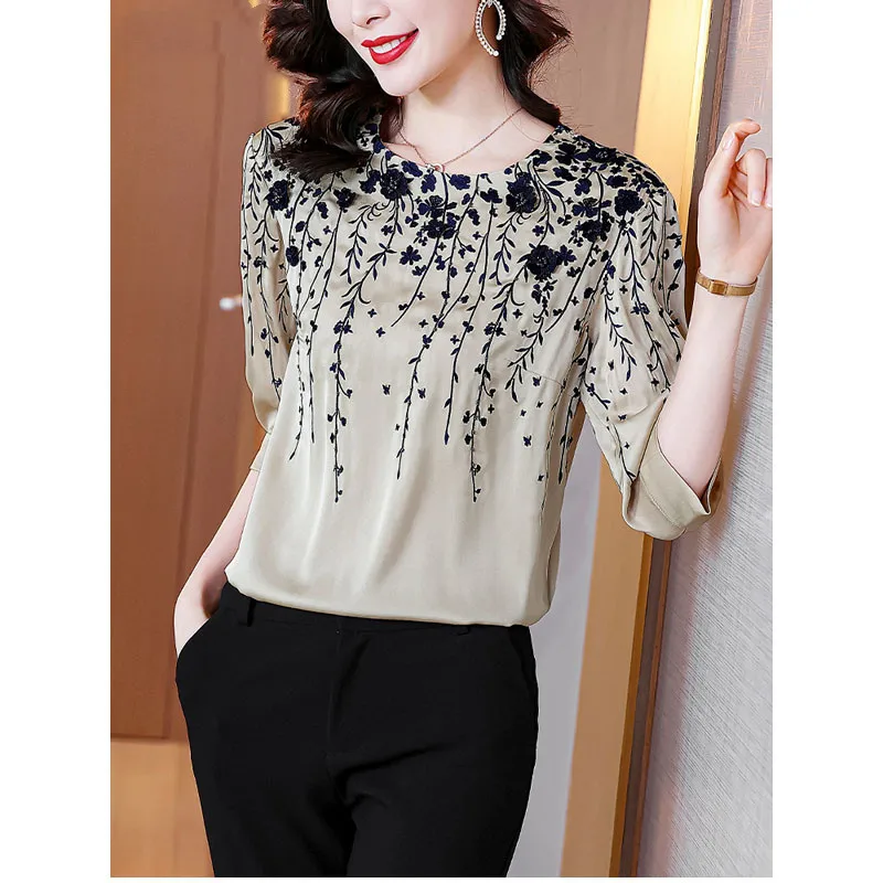 Шифоновые блузки с цветочным принтом, женские свободные рубашки с коротким рукавом и круглым вырезом, офисная женская повседневная одежда, топы, весна-осень, новая мода