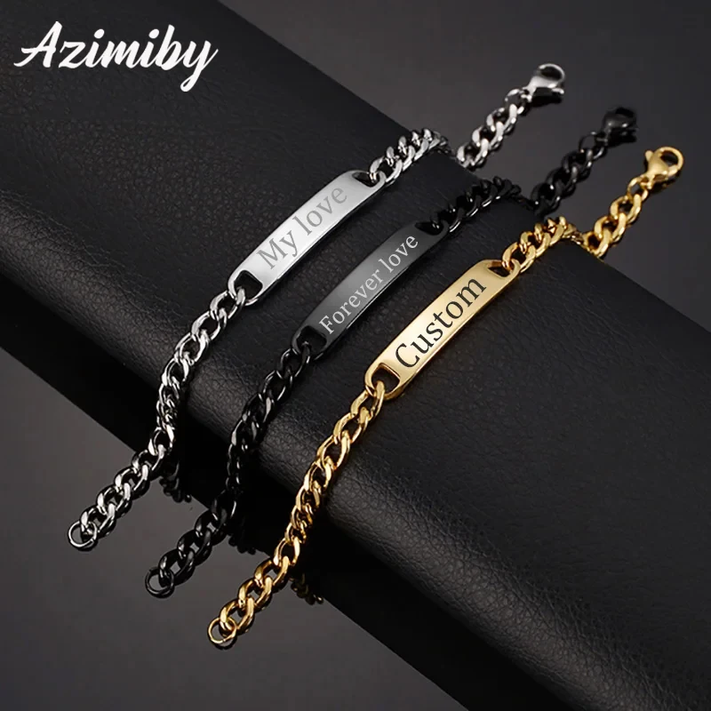 Azimiby-Pulseras personalizadas con grabado de nombre para hombre y mujer, brazalete grueso de acero inoxidable, estilo Punk, cadena cubana, joyería