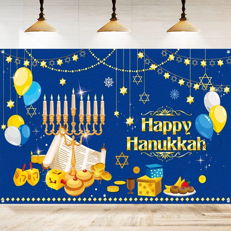 Photography Backdrop Happy Hanukkah Party Decorations Supplies Menorah Blue Shiny Lamps Chanukah Background Poster Banner