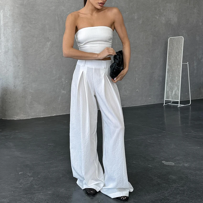 

Linad Sexy White Pleat Strapless Two Piece Set Woman Summer Backless Zipper Fashion Pants Suits Full Length Wide Leg Jeans Sets