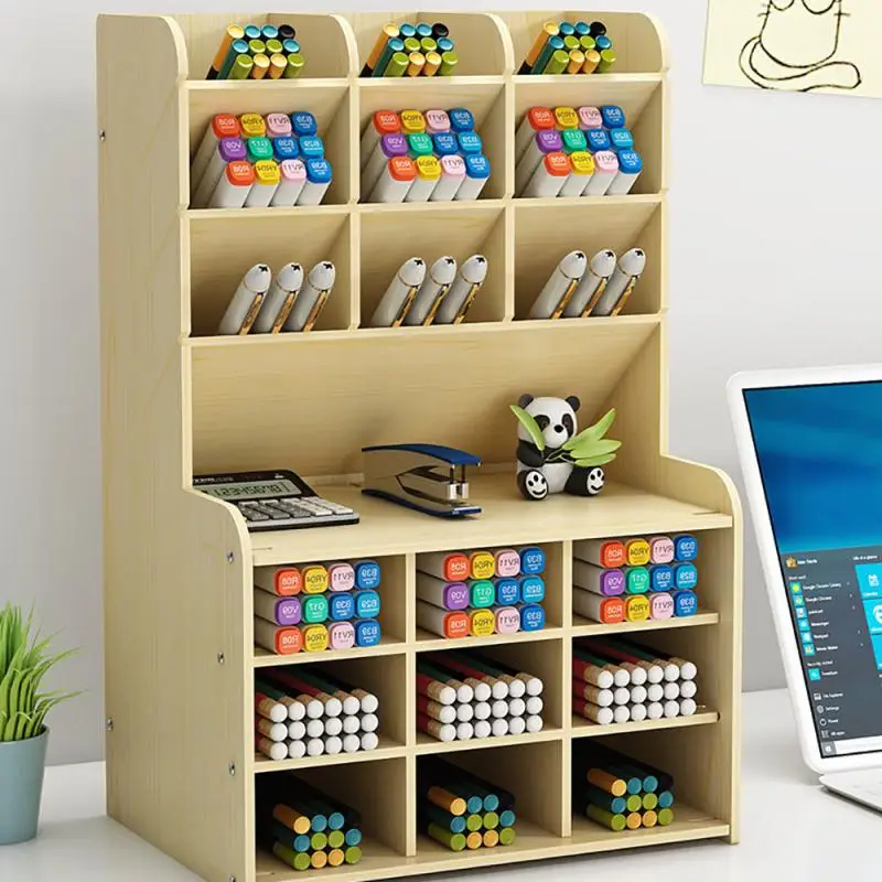 

Wooden Pen Holder Fashion Desktop Multifunctional Receiving Box With Drawer Office Pen Pencil Organizer Desk Organizer Storage