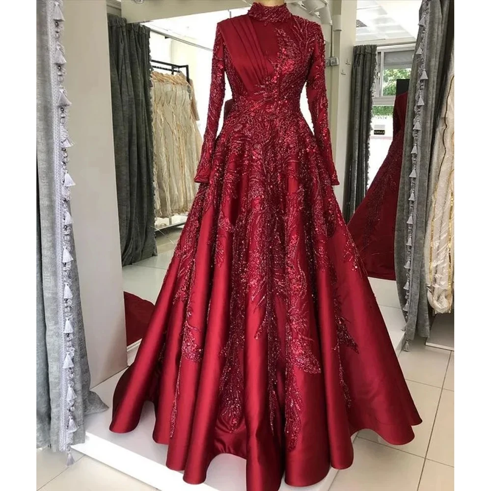 

Saudi Arabic A-Line Evening Dresses Beaded Sequins Full Sleeve High Neck Prom Gowns Wedding Party Formal Long vestido