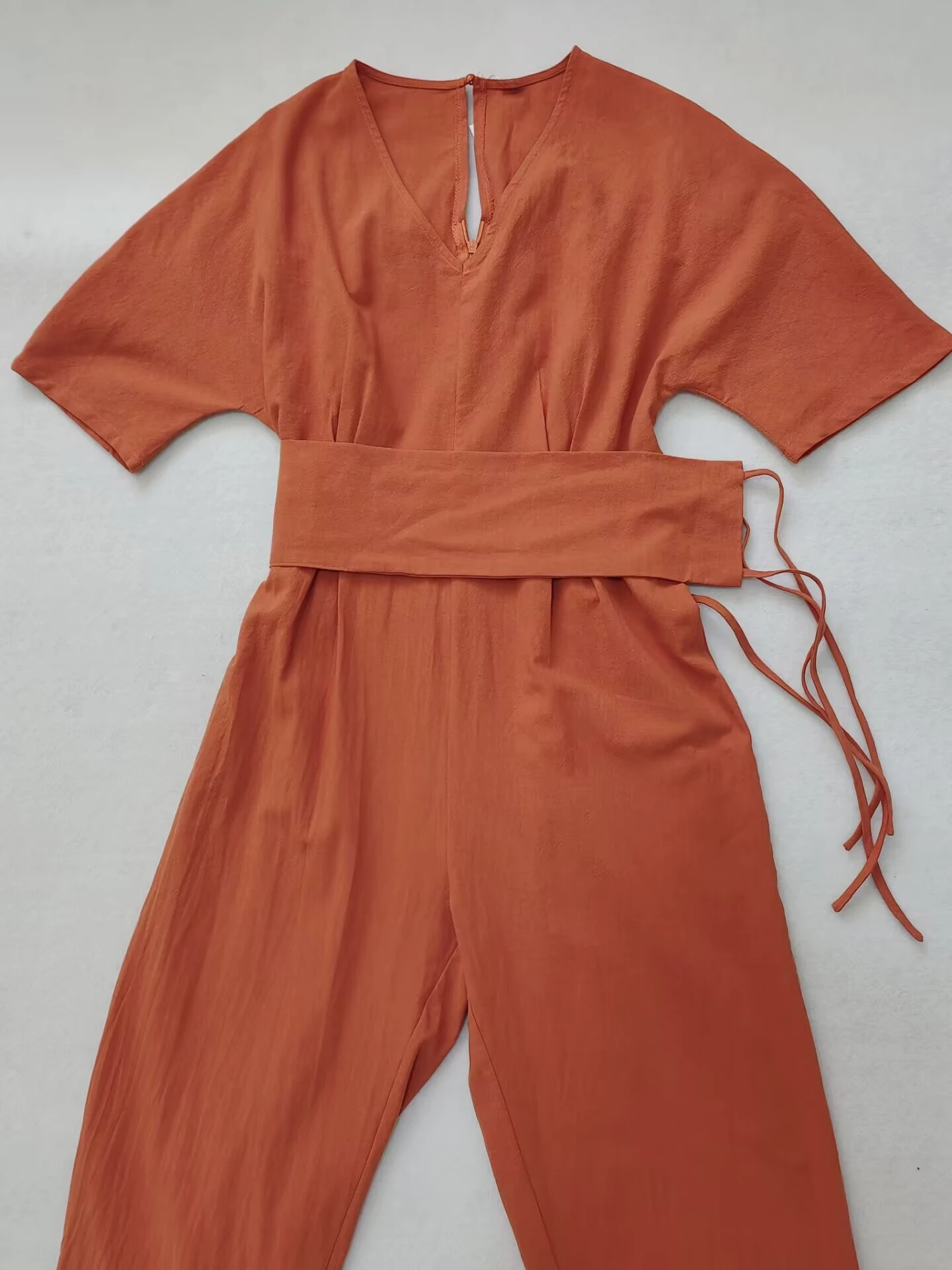 Cotton Linen Jumpsuits for Women Straight Pants Vintage V Neck Belt Loose Romper Summer Boho Beach Casual Overalls Jumpsuit