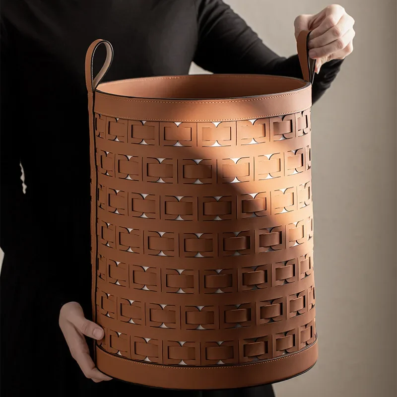 Laundry Basket High-end Leather Laundry Baskets with Handle Nursery Storage Living Room Round for Toy, Clothes, Kids, Bedroom