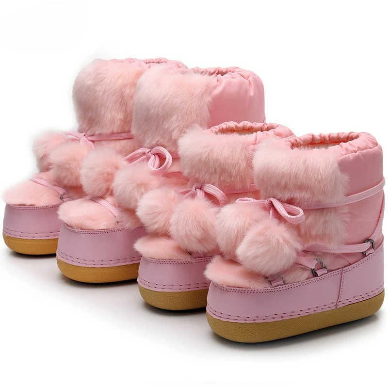 Pink Winter Shoes Women Snow Boots Cold-proof Ski Boots Warm Mid-calf Space Boots Slip-resistant Cotton Shoes