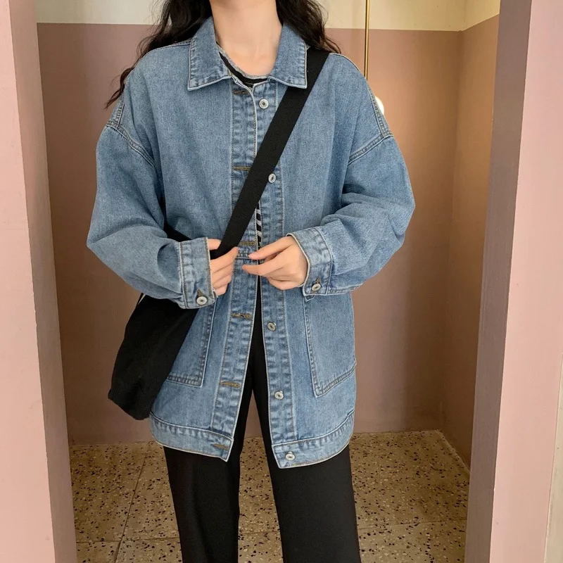 

Denim Jacket Top Women Coat Korean Style Loose Mid-length Spring and Autumn All-match Lapel Long-sleeved Jacket