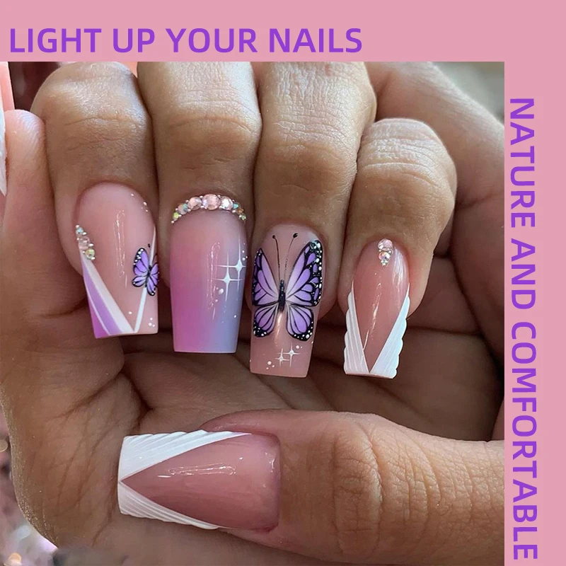 

Dreamy Purple Butterfly Handmade Press on Nails Wearing Armor Gradient Star Diamond French Minimalist Nail Art Fake Nail