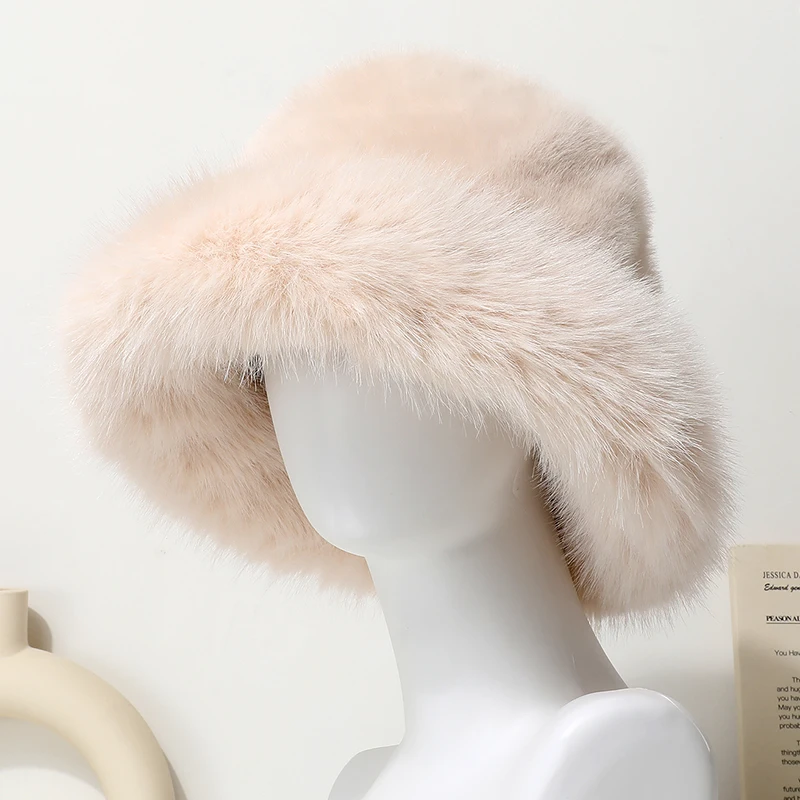 Große Faux Pelz Eimer Hut für Frauen Dicke Plüsch Warme Schöne Flauschigen Winter Hut Dame Luxus Mode Pelzigen Panama Fischer Kappe – Detail 12
