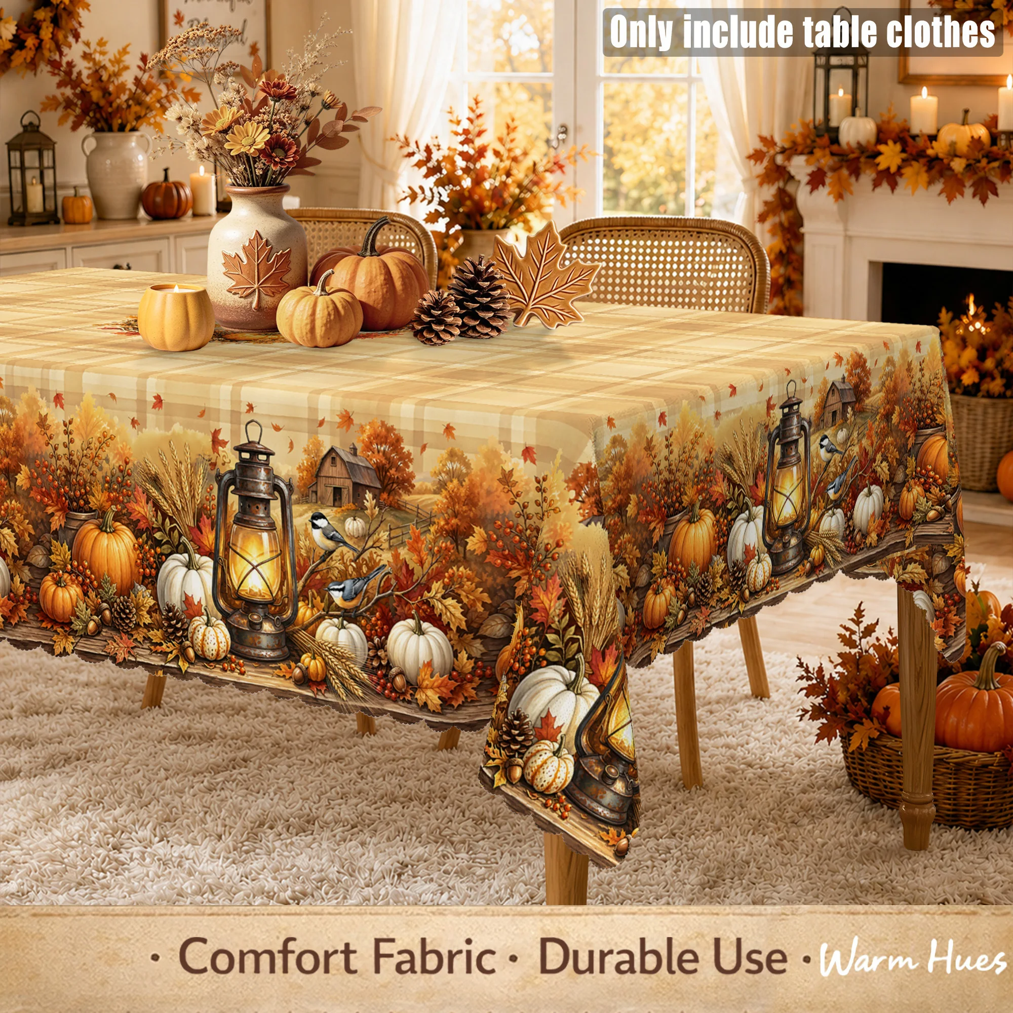 1pc, Vintage Fall Harvest Tablecloth, Pumpkin Maple Leaf Lantern Pinecone Bird Print, Buffalo Plaid, Thanksgiving Autumn Farmhouse Kitchen Dining Decor, Rustic Holiday Home Decor, Indoor Outdoor Family Dinner Party, Great Gift, 7 Sizes Available