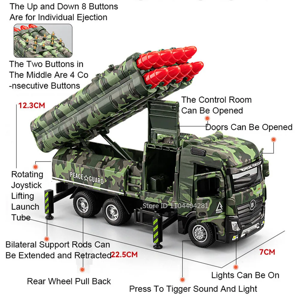 1:32 Intercontinental Missile Vehicle Alloy Drone Launch Car Diecast Model Toys Doors Opened Sound Light Pull Back Toy Boy Gifts