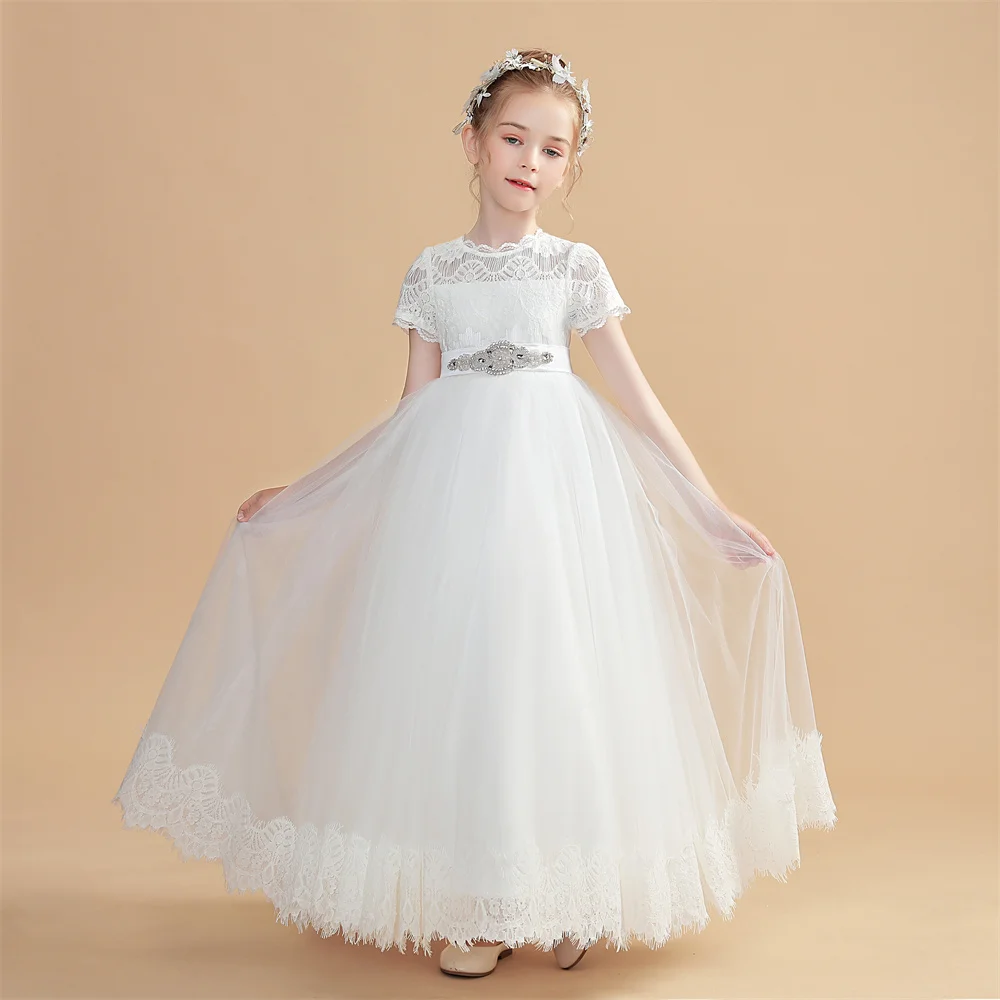 

Lace Tulle Flower Girl Dress For Wedding Short Sleeves Princess Kids Birthday Party First Communion Ball Gowns 2024 New