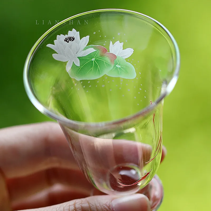 Fish Playing with Lotus High Borosilicate Heat-resistant Glass Tall Cup for Home Green Teacup Master Cup Tasting Cup