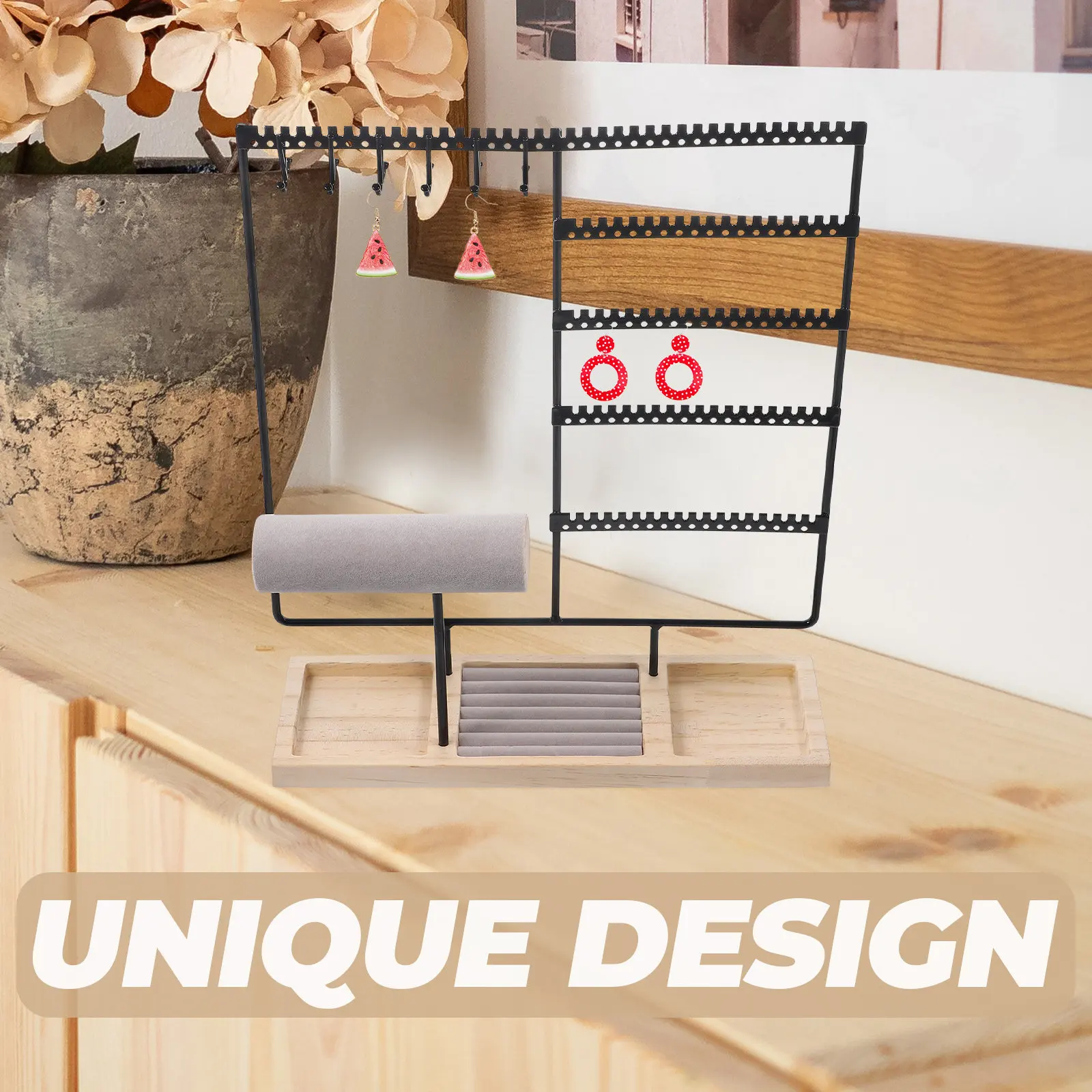 

Jewelry Display Rack Wooden Iron Earring Necklace Holder Organizer Stand For Desktop Home Supplies Storage