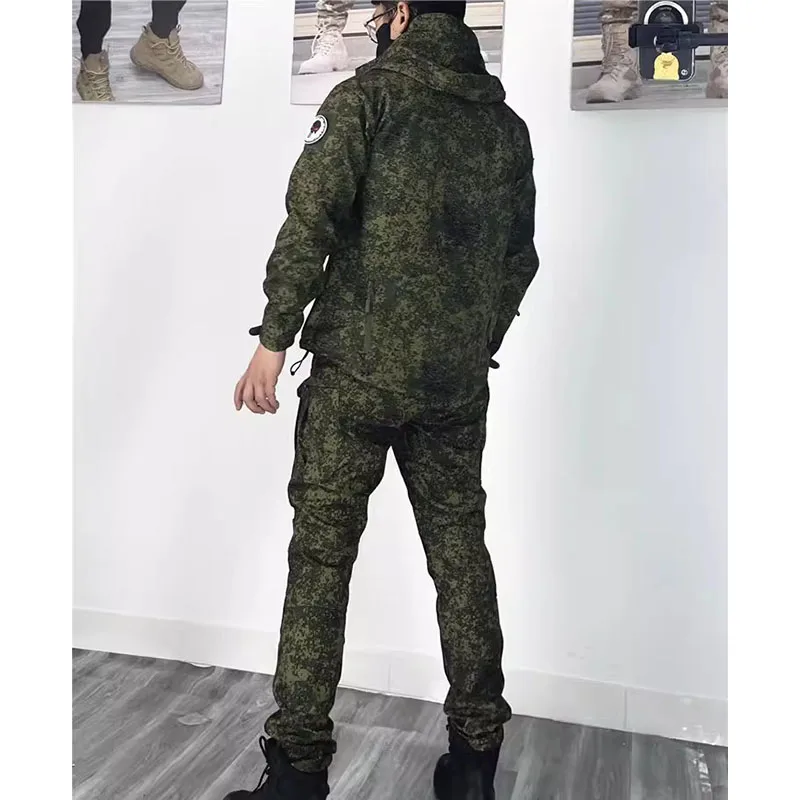 RU Camo Waterproof 3 Pcs Sets Men Winter Fleece Hooded Jacket+Breathable Long Sleeve Tshirts+Straight Cargo Pant Soft Shell Suit