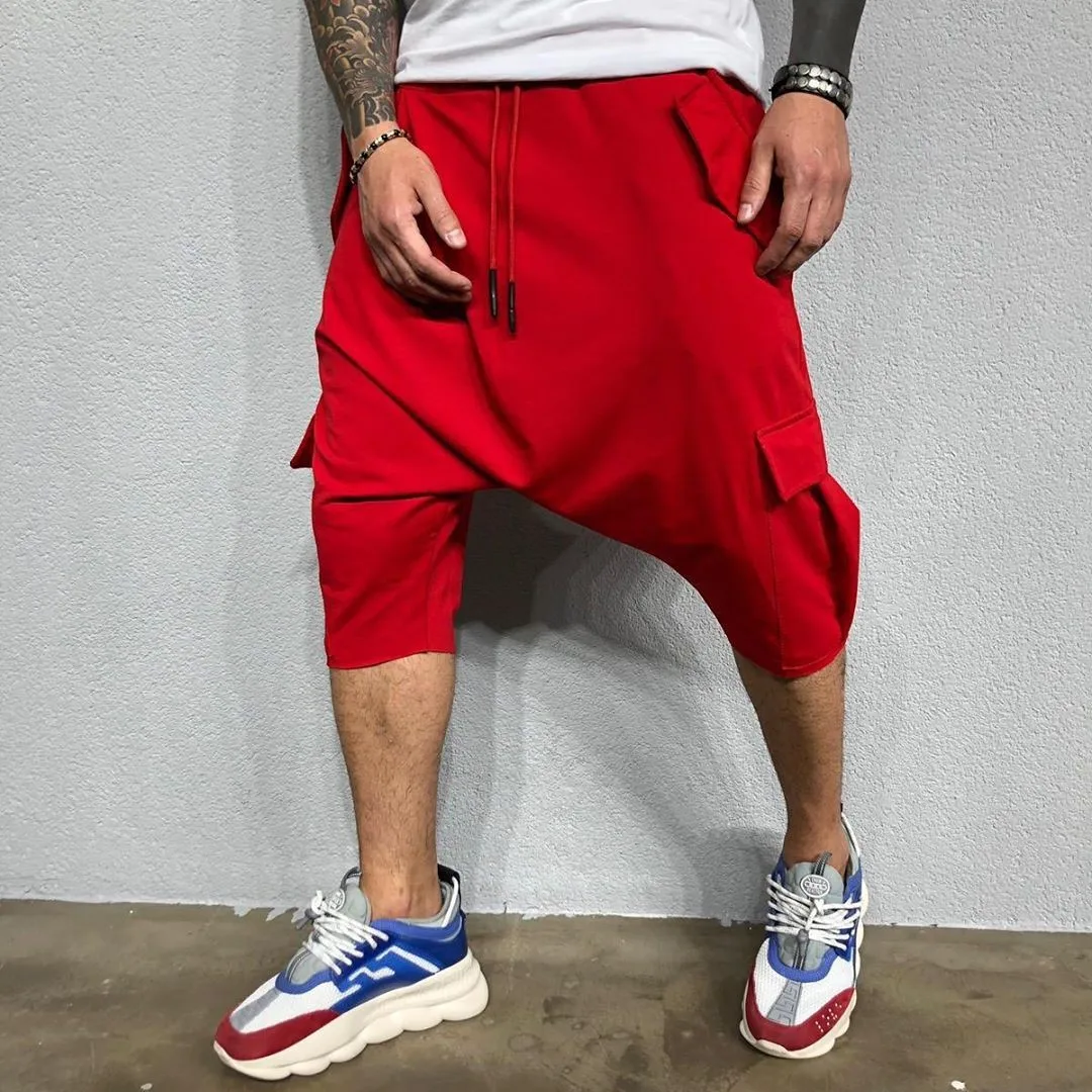 

Men Shorts Cotton Hip Hop Loose Fit Pants Harem Drop Crotch Cargo Pocket Short Pants Olive Green Drawstring Waist Casual Shorts