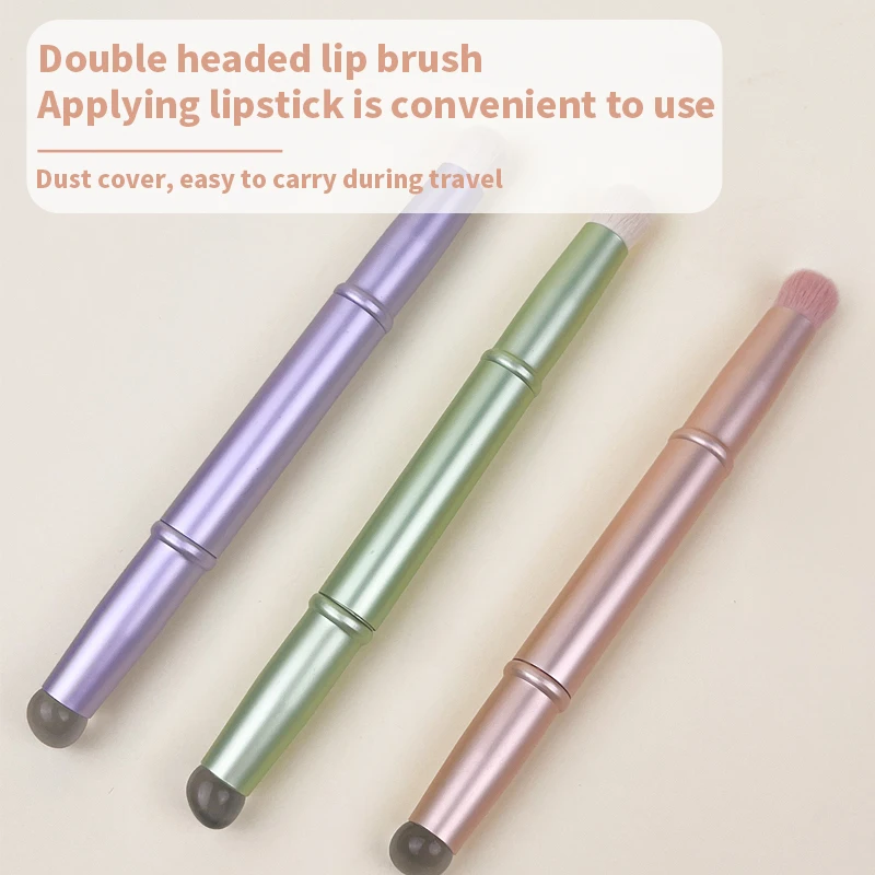 1pc escova labial de cabeça dupla, escudo de liga de alumínio, capa à prova de poeira, pincel de maquiagem, pincel labial de geléia, ferramenta de maquiagem, maquiagem facial bru