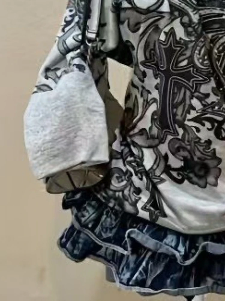 90년대 미국 빈티지 크로스 프린트 티셔츠 여성용 원 숄더 섹시 긴팔 슬림 티셔츠 가을 Y2K 디자인 감각 얇은 다이아몬드 탑