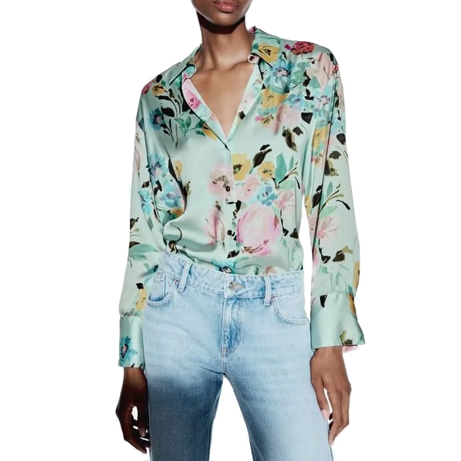 Women's Flower Printed Silk Shirt, Satin Fashion, Casual Long Sleeved, Single Breasted Top, New