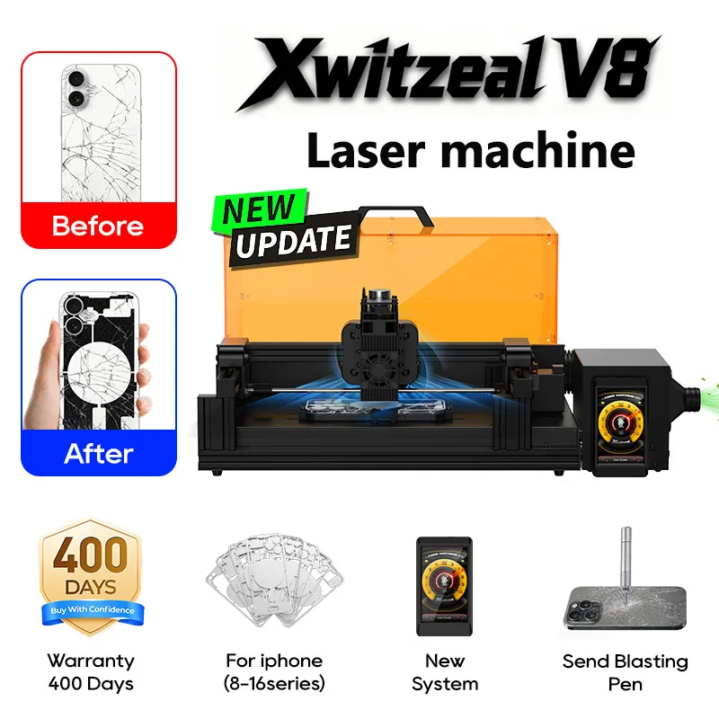 

Xwitzeal V8 Laser Machine for iPhone Back Glass 8-17 Series, 2-IN-1 Laser for Repair and Engraving, w/Iron Molds Housing Kit et