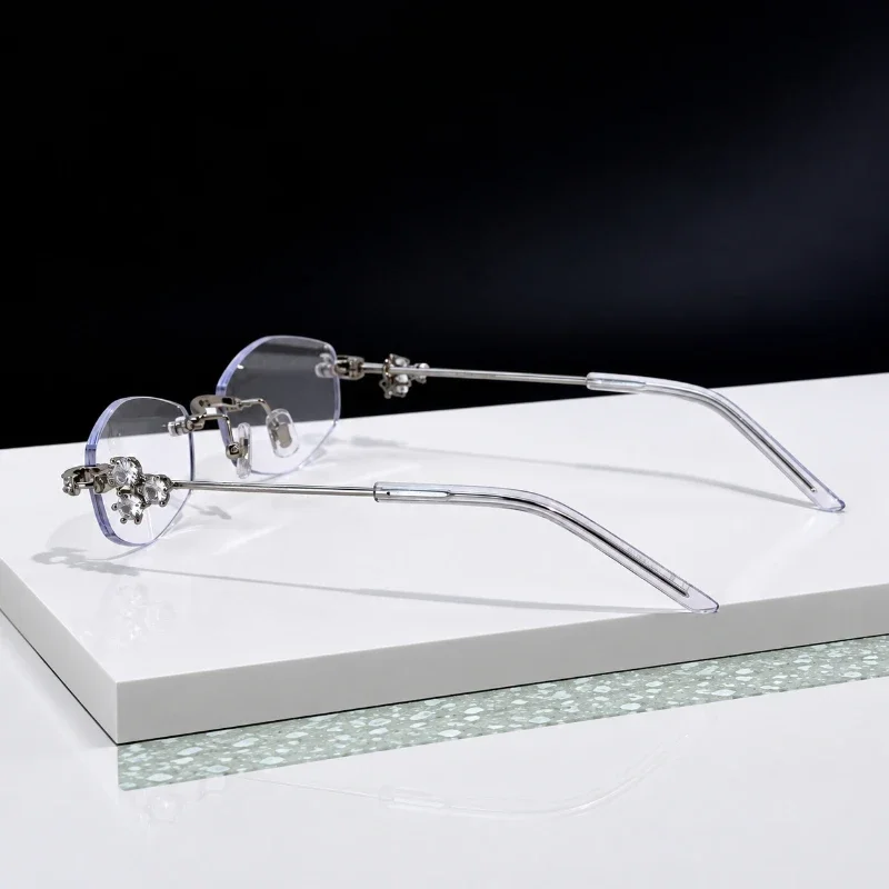 2026 Luxury Designer Y2K Polygon Eyeglasses Women Rimless Crystal Rhinestone Korean uv400 AR Coating Prescription Optical Frame