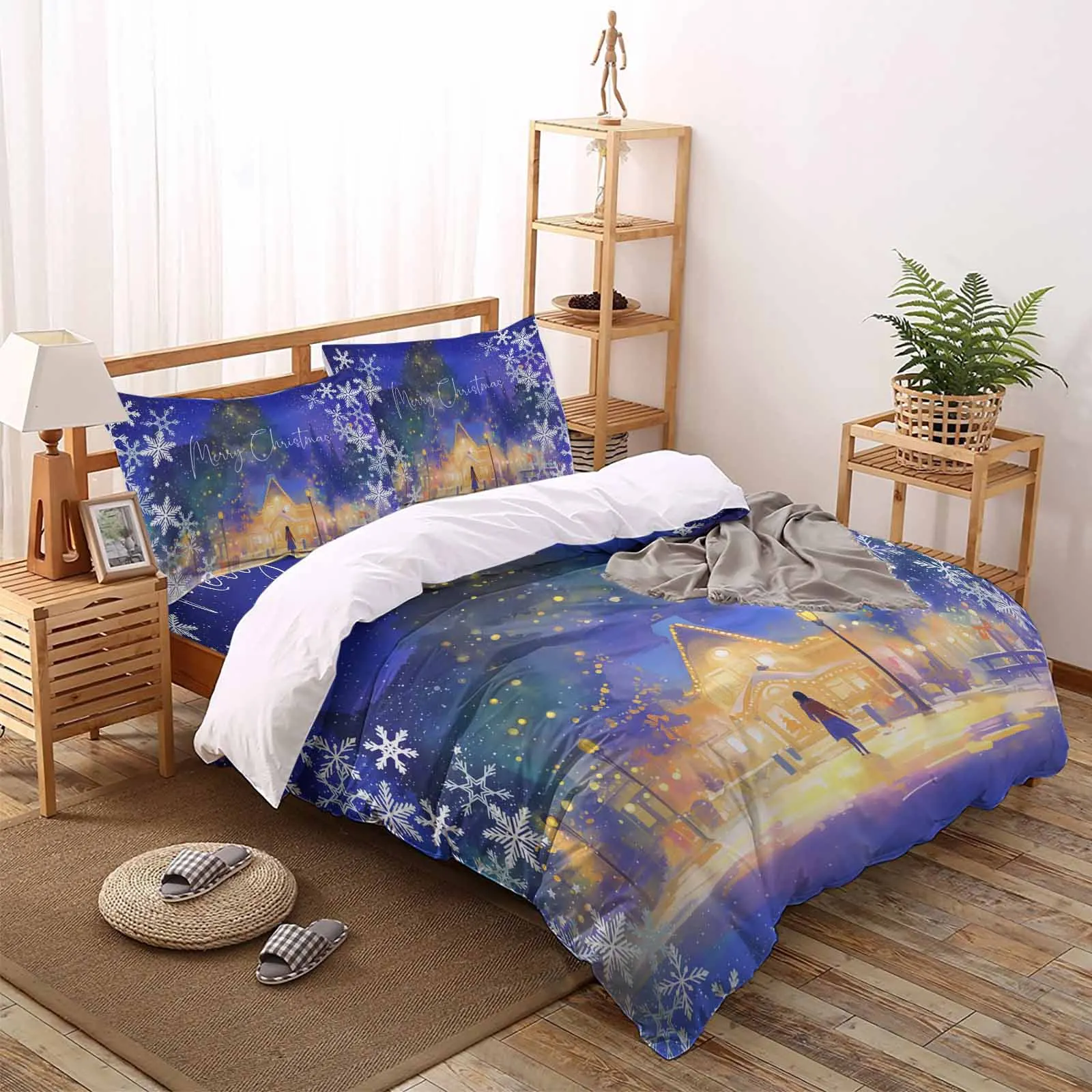 Christmas Tree View Night Scene The 4-piece textile set on the bed includes two pillowcases one duvet one bedsheet customization