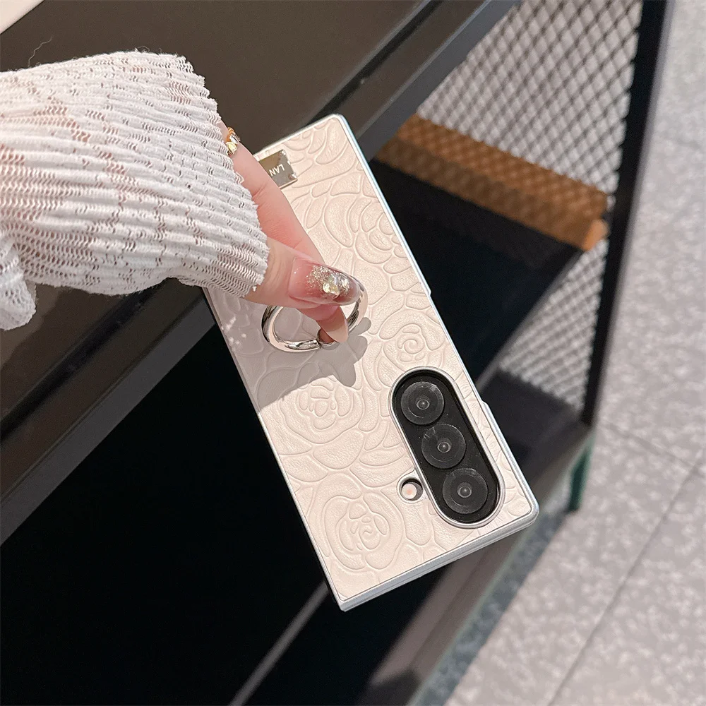 حافظة هاتف فاخرة من الجلد باللون الأبيض والوردي لهاتف سامسونج جالاكسي Z Fold7 fold3 4 Fold6 fold5 مع حافظة حلقية مقاومة للصدمات Funda #3