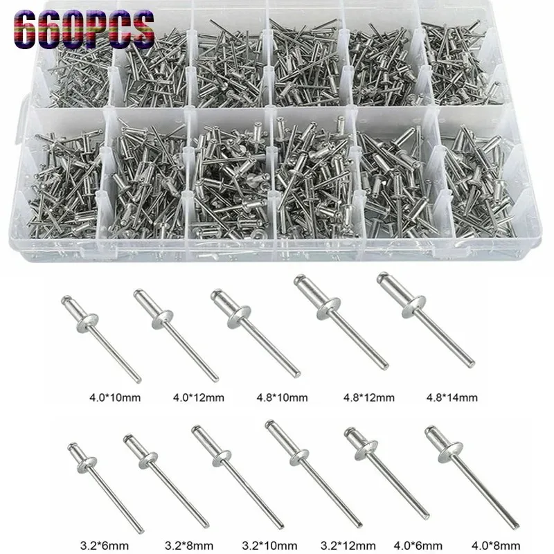 

660pcs 3.2mm 4mm 4.8mm Pop Aluminium Dome Head Blind Rivets Steel Shank Mandrel Exhaust Rivets