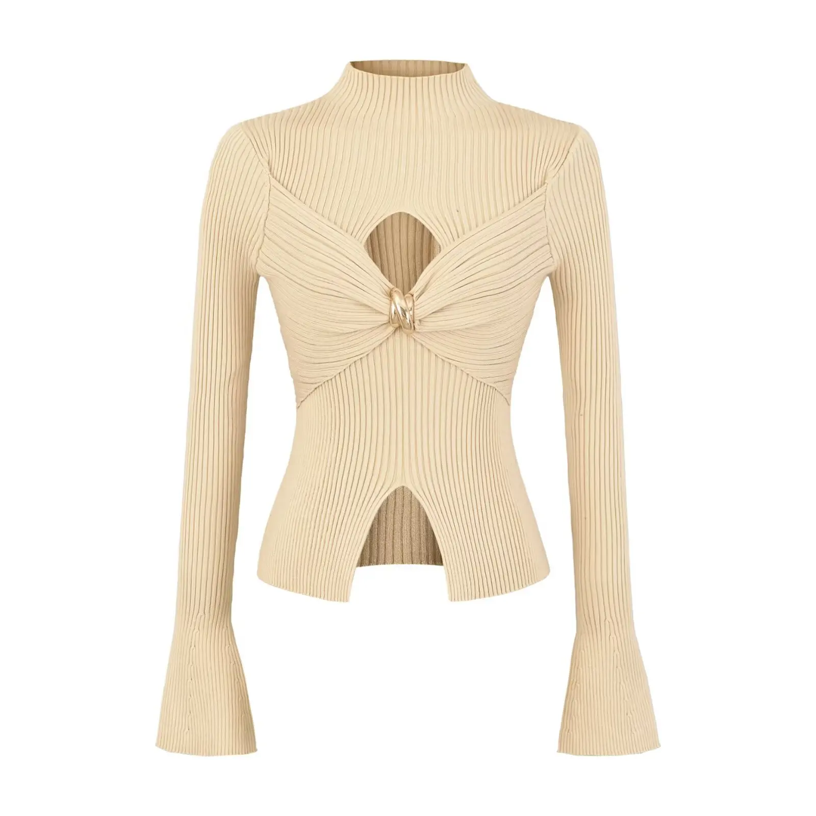 官能的な透かし編みニットベースシャツ レディース スリムフィット ハイネック インナーウェア メタルバックル ピュアデザイアスタイル 半袖トップス