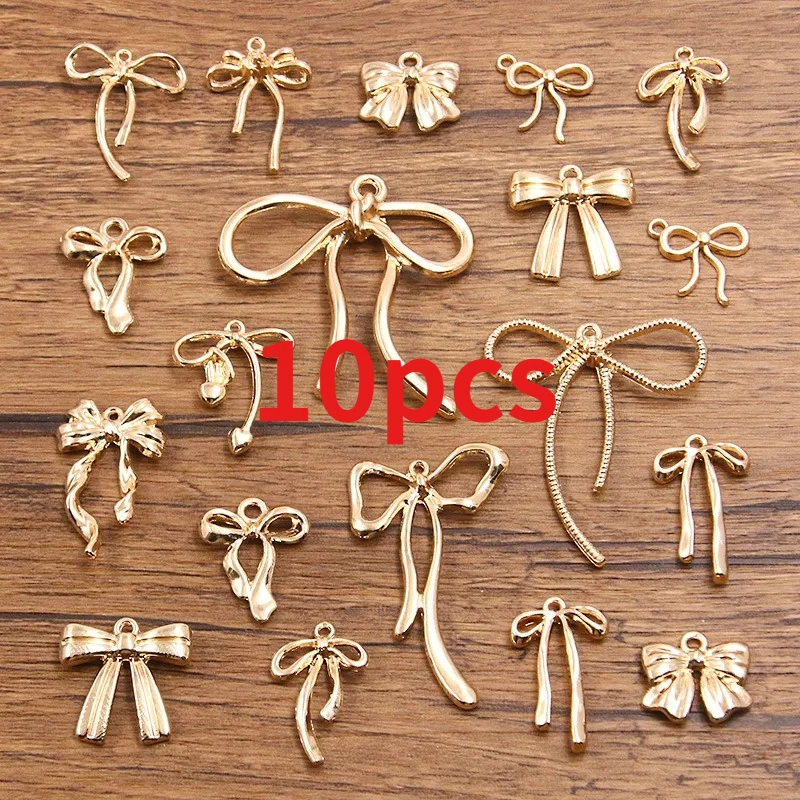 10pcs Gold Color-Retaining Cute Alloy Stylish Hollow-Out Bow Charms Pendant for DIY Jewelry Accessories Ornaments