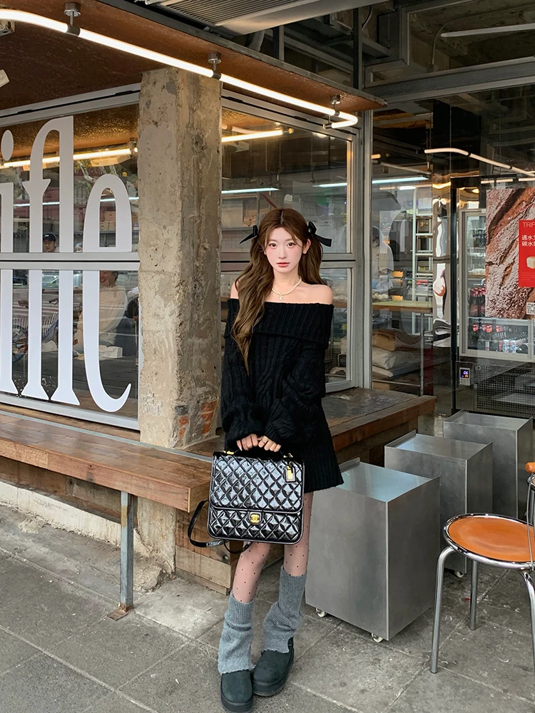 

Loose Bla Knitted Sweater Women's Autumn Winter Middle Length oulder Bared Twist Sle Warm Thiened Long Sve