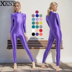 XCKNY Satin-glänzender einteiliger Body, sexy Öl-Stehkragen, lange Ärmel, Ganzkörper-enge Hosen, Doppelend-Reißverschluss, Seiden-Trikot