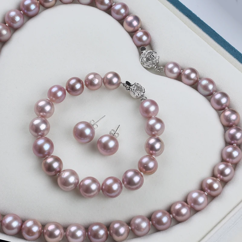 latest  10-12mm Natural Purple Round Freshwater Pearl Necklace Jewelry Gift Set