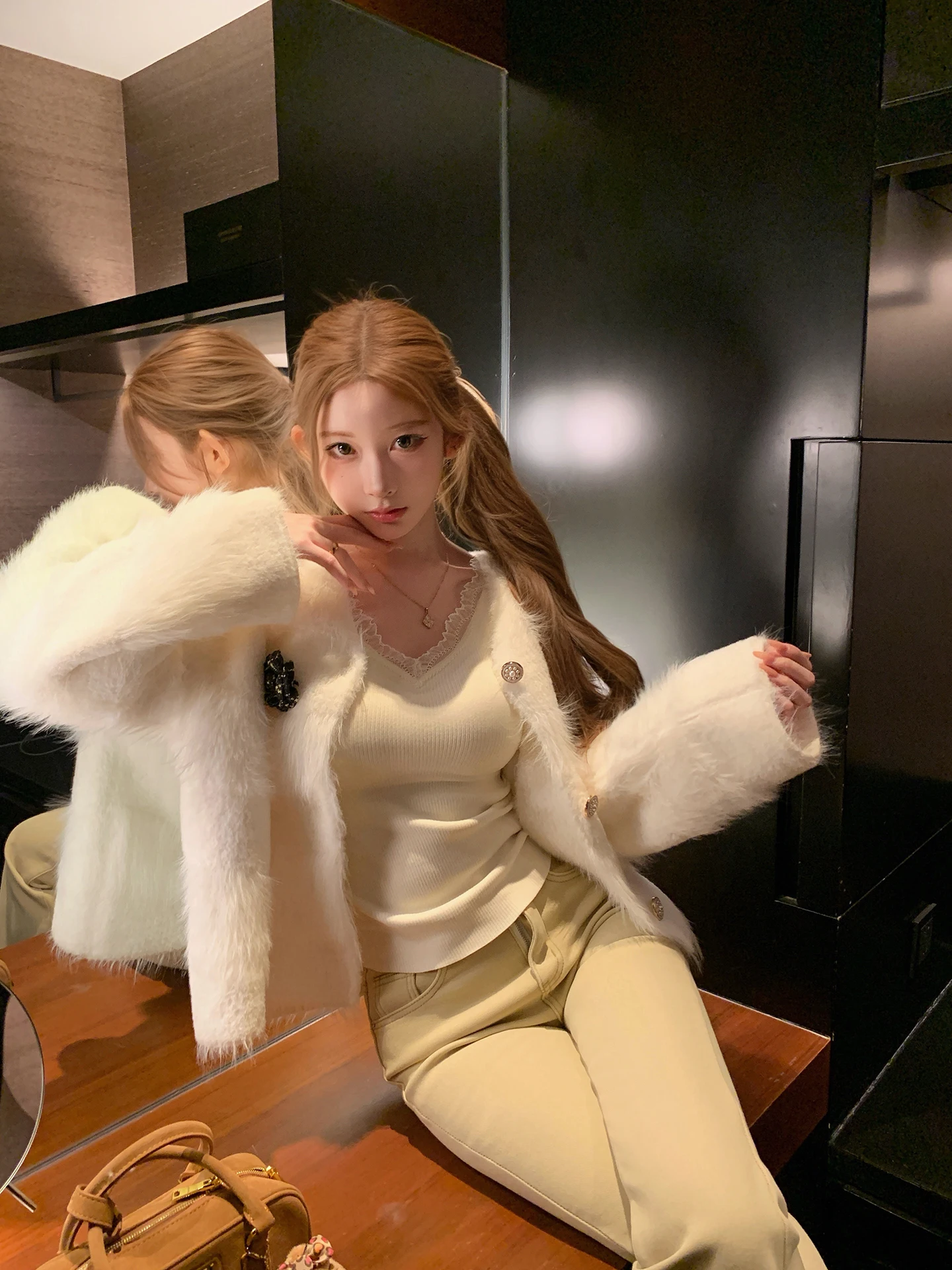 

Chen Daya Thiened ленивый белый вязаный открытый кардиган женский осенне-зимний бархатный свитер премиум-класса Sensation из норки пальто