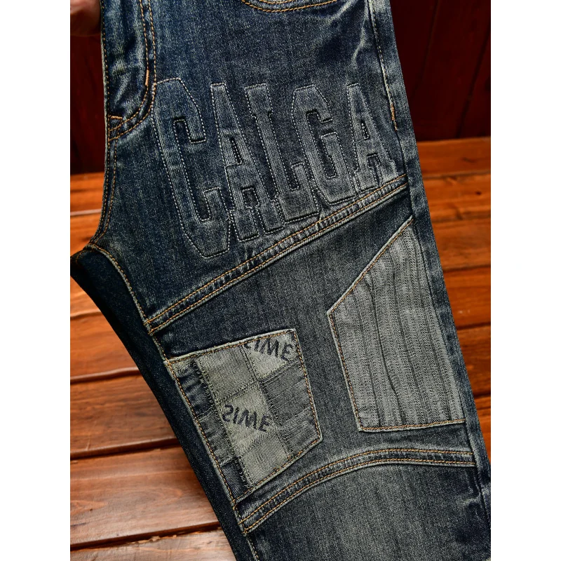 High end retro jeans for men, slim fit, small feet, light luxury trend, autumn style, simple and casual long pants