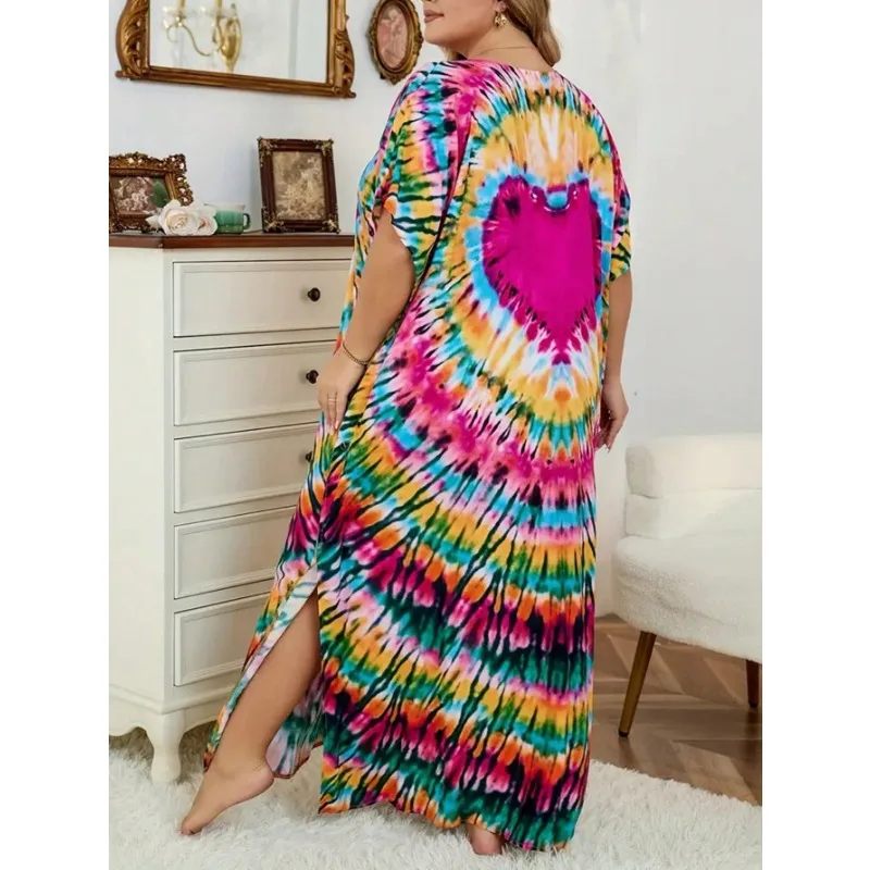 Sukienka damska plus size 1XL-5XL w stylu boho, nowa, z nadrukiem tie-dye, rękawami typu nietoperz, rozcięciem, długa sukienka plażowa.