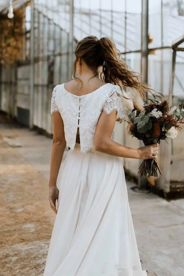 Bohemian Wedding Dresses 2022 Two Pieces Lace Top with Short Sleeve Bridal Gown Jewel Neck Beach Wedding Gown Vestidos De Novia