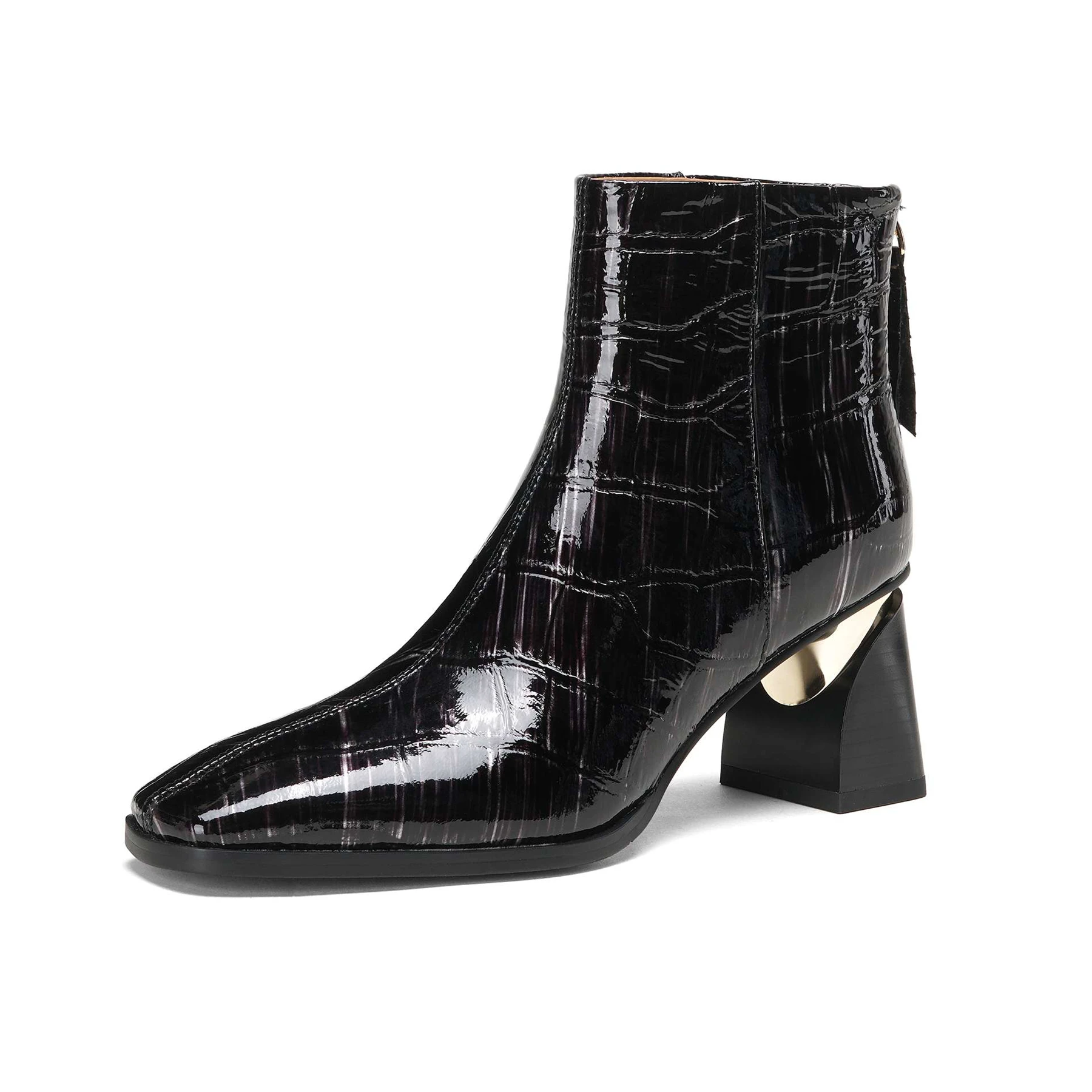 Plus Size Patent Leather Square Toe High Heels Zip Modern Boots Warm Winter Shoes Dating Concise Elegant Print Brand Ankle Boots