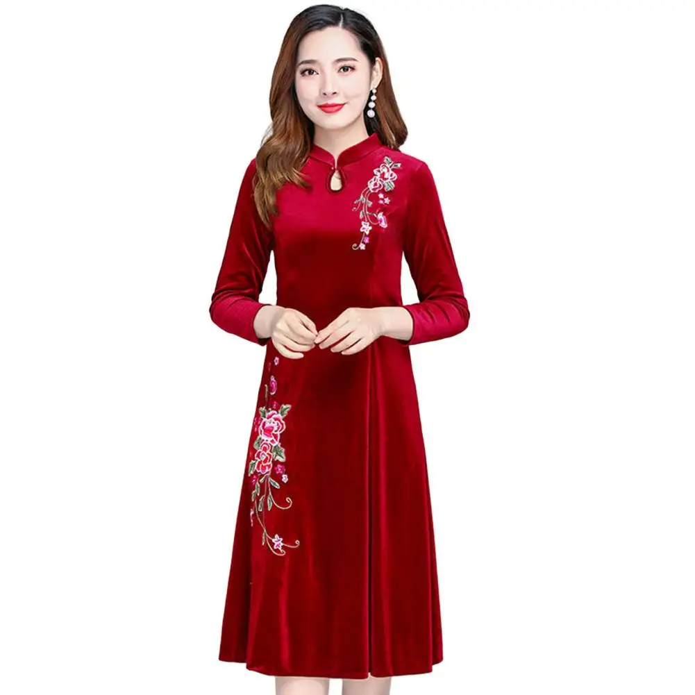 Velvet Dress Chinese-style Embroidery Dress Elegant Floral Embroidered A-line Dress Warm Stylish for Prom or Evening Parties