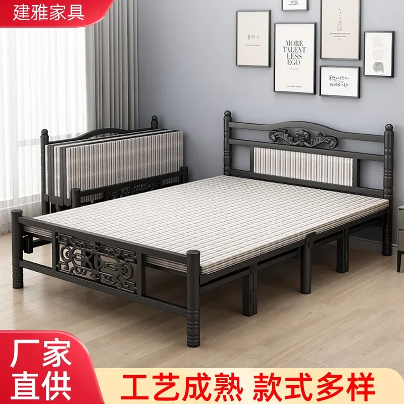 Wholesale Folding Iron Bed Single Double Silent Roman Column Simple Dormitory Rental Room Furniture