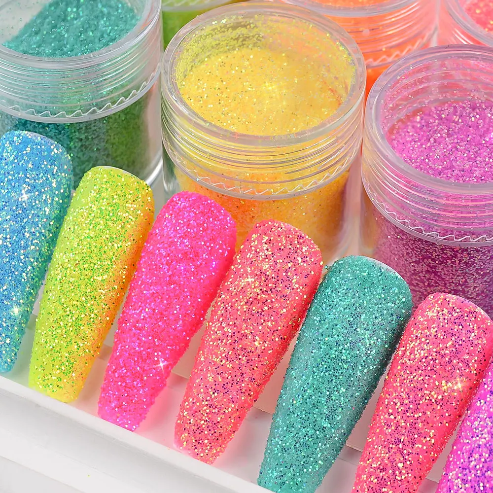 10 Potten/SET Lichtgevende Nail Glitter Poeder Glow In The Dark Ultra Dunne Multi Kleuren Holografische Fluorescerende Pigment Nail Art decors