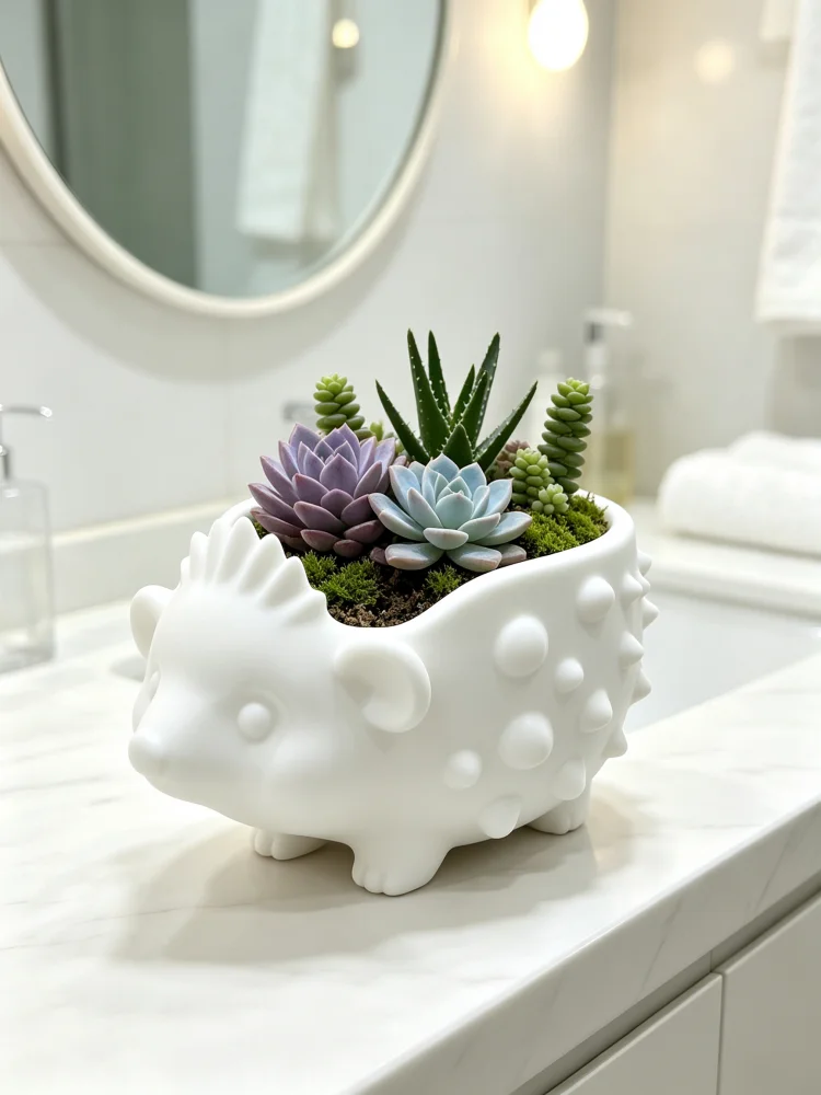 Hedgehog-Shaped Decorative Flower Pot, Matte White Petg Material, Large-Diameter Mini Succulent Cactus Flower Pot, Cute Animal-Shaped Decorative Flower Pot, Suitable for Placing in Living Room, Bedroom, Windowsill, Office Desk, Indoor Plant Container, Home Garden Decoration, Housewarming Gift for Green Plant Enthusiasts