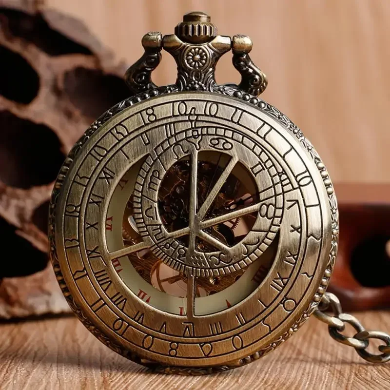 Steampunk Pocket Watch Prague Constellation Copper Mechanical Hand Winding Compass Clock Roman Number Dial Pendant Chain Collect