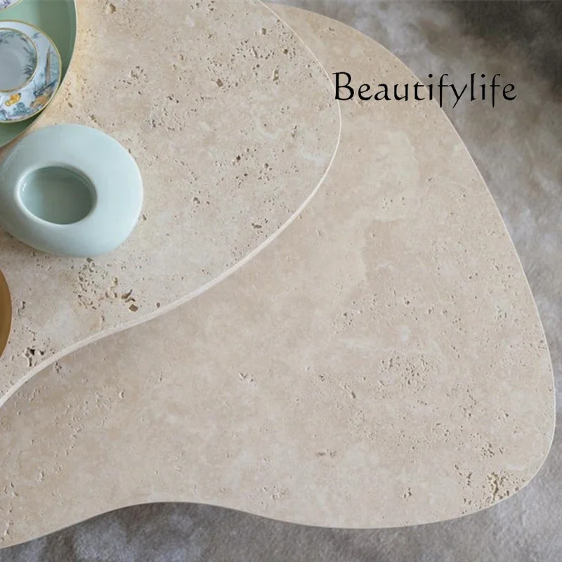 BJ Minimalist Natural Travertine Special-shaped Coffee Table Designer Marble Light Luxury Living Room Sofa Coffee Table