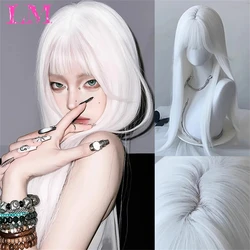 LM Long Water Wave Wig with Bangs White Colorful Cosplay Wig for Women Daily Party Natural Soft Synthetic Hair Heat Resistant