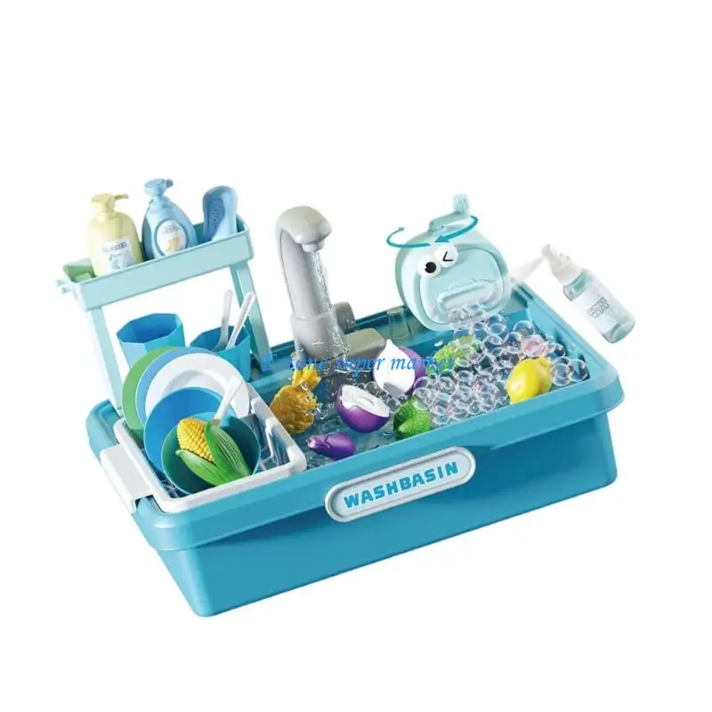 090B Kids Kitchen Sink Playset with Water Circulation, Dish Rack, Toy Tableware and Pretend Cleaning Accessories Ages 3-8