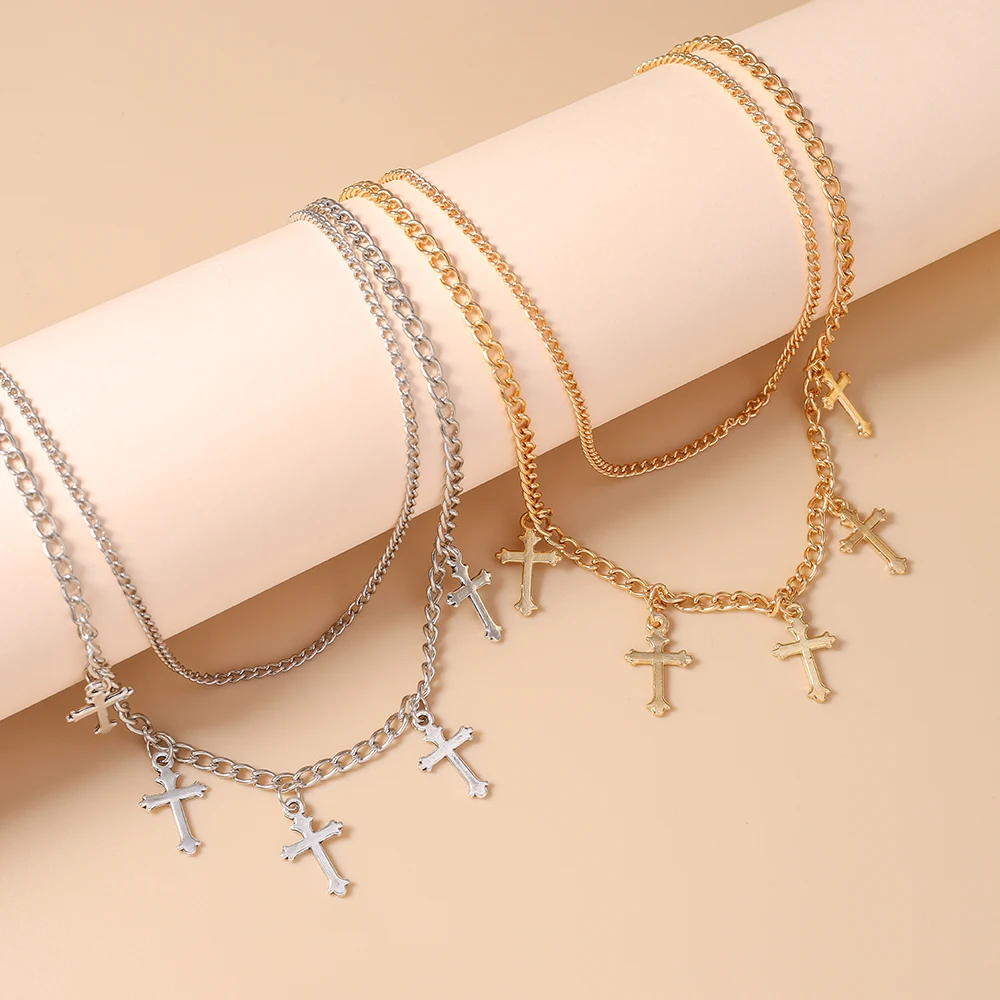 Aihua Gothic Goldfarben Kreuz-Anhänger Halskette für Frauen Choker Punk Metall Kurze Schlüsselbeinkette Schmuck Y2K Accessoires – Detail 1